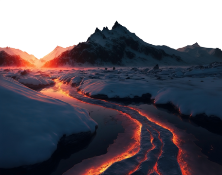 flaming hot river of lava flowing a vast winter landscape. Mountains in the horizon. transparent PNG background.