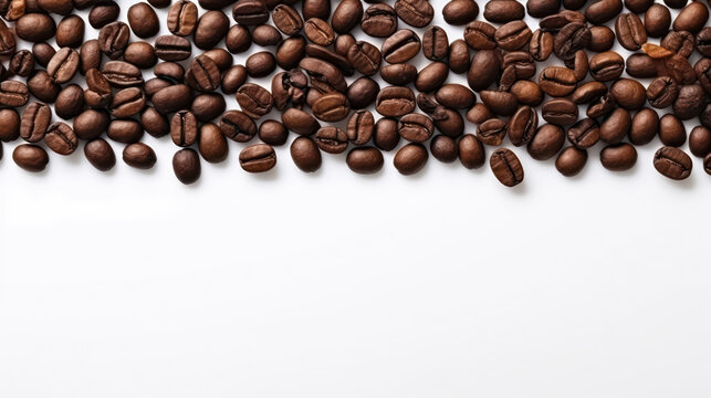 Panoramic roasted coffee beans border isolated on white background with copy space