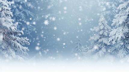 a horizontal snow scene with pine trees and falling snow with space for copy in a Winter-themed illustration as a JPG. Generative ai