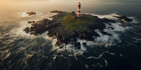 Poster lighthouse on the island, aerial cinematic photography © sam