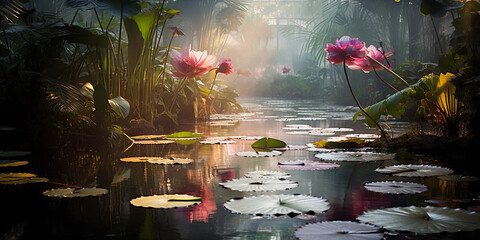 Tropical paradise garden, oversized leafy plants, colorful orchids, a pond with lily pads, humid mist, diffused light - obrazy, fototapety, plakaty