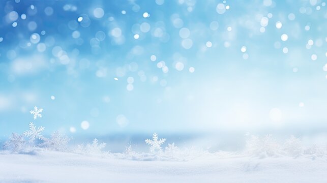 a Horizontal format winter scene with snowflakes falling against a blue sky in winter-themed, photorealistic illustrations in JPG.  Generative ai