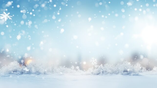a Horizontal format winter scene with snowflakes and trees, against a blue sky in winter-themed, photorealistic illustrations in JPG.  Generative ai