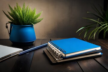 stack of notebooks, colored pencils in a blue glass, green plants in pots and wireless headphones...