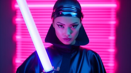 Beautiful woman ninja in black and equipped with powerful lightsaber in beautiful neon pink...