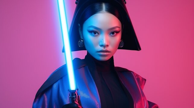 Beautiful woman ninja in black and equipped with powerful lightsaber in beautiful neon pink background, contemporary art studio shot, cosmic cosplay concept. - Powered by Adobe