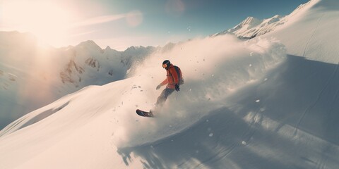 Freeride snowboarding photo in deep powder, winter skiing sport concept with copy space.