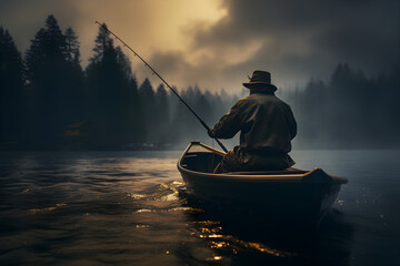 river fishing in boat at dawn, cinematic photography - obrazy, fototapety, plakaty