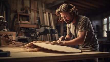 Passionate craftsman working painstakingly in his surfboard workshop