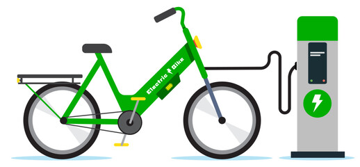 electric bike. vectorial illustration of an electric bicycle with charger. green energy concept. renewable energy.