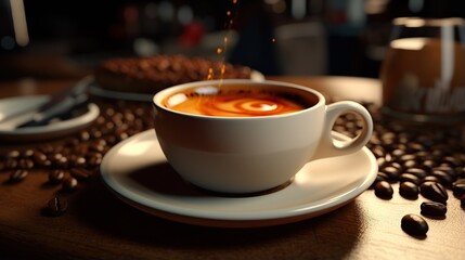  a cup of coffee sitting on top of a saucer.  generative ai