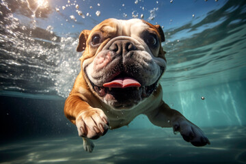 Generative AI illustration of English bulldog dog diving - obrazy, fototapety, plakaty