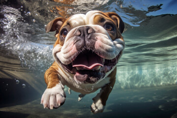 Generative AI illustration of English bulldog dog diving - obrazy, fototapety, plakaty