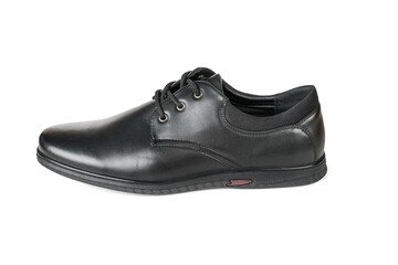 Classic men's black leather shoe, isolated on a white background.