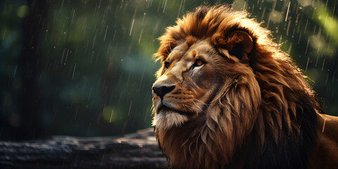 portrait of lion in the rain, cinematic photography