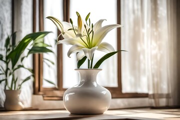 A delicate lily in a ceramic vase near an open window
