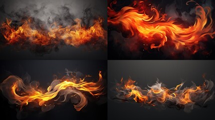  a set of fire flames and smokes on a black background.  generative ai