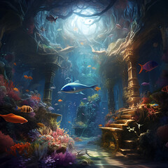 a magical sea underwater world with fish and corals.