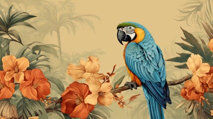 Fototapeta premium a horizontal format of Blue and Gold Macaw and a branch/ flowers and a dusty/muted green floral background with space for copy in a Tropical-themed, photorealistic illustration in JPG. Generative ai