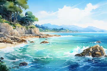 scenic landscape blue sea beach rocks beautiful clouds watercolor illustration - obrazy, fototapety, plakaty