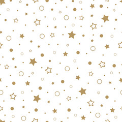 Festive background with gold stars. Holiday seamless pattern. Ornament for gift wrapping paper, fabric, clothes, textile, surface textures, scrapbook. Vector illustration.