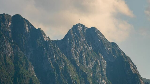 Mountain peak Giewont in Tatra national park, Zakopane, Poland time lapse. Big metal Cross on top of Giewont