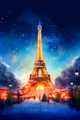 Illustration of the city of Paris at Christmas, France