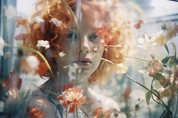 portrait of a beautiful redheaded  teenage young girl, floral multiple exposure, concept of beautiful soul and harmony