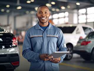 Smiling black car mechanic man holding tool standing arm crossed working in auto repair shop, African American mechanic man happy working in car garage - obrazy, fototapety, plakaty