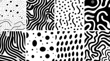 Abstract designs, lines, squiggles, dots for graphic elements, Horizontal backgrounds,  Black on white Abstract-themed, photorealistic illustrations in JPG. Generative ai