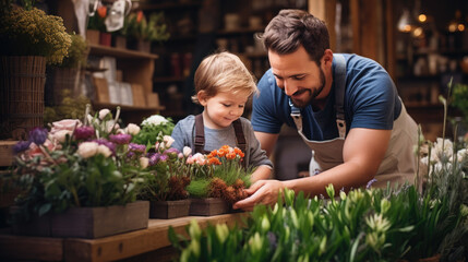 Portrait of a man with a child choosing a bouquet in a flower store