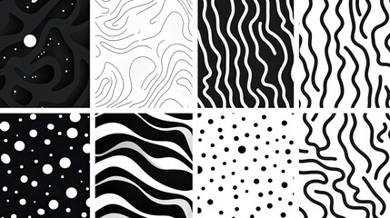 Abstract designs, lines, squiggles, dots for graphic elements, Horizontal backgrounds,  Black on white Abstract-themed, photorealistic illustrations in JPG. Generative ai