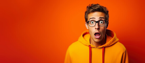 What just happened. Portrait of a shocked young man wears glasses on colour background.