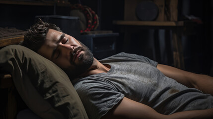 Fototapeta premium Man sleeps in a bed at home