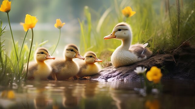 closeup view of cute and adorable family of ducks in a pond in happy mood, lovely zoomed shot of animal.