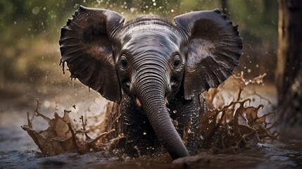 closeup view of cute and adorable baby elephant in splashing water in happy mood, lovely zoomed...
