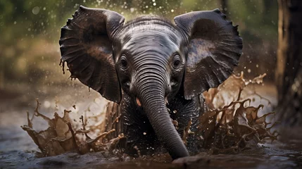 Zelfklevend Fotobehang closeup view of cute and adorable baby elephant in splashing water in happy mood, lovely zoomed shot of animal. © sungat