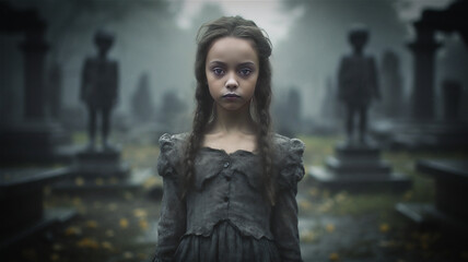 Illustration of a young girl with braids standing in a gloomy cemetery. and wearing a grey dress. Dismal and spooky environment. Fog and mist and statues in the background. - obrazy, fototapety, plakaty
