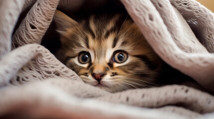 closeup view of cute and adorable fluffy baby kitten peeking out from a blanket in happy mood, lovely zoomed shot of animal.
