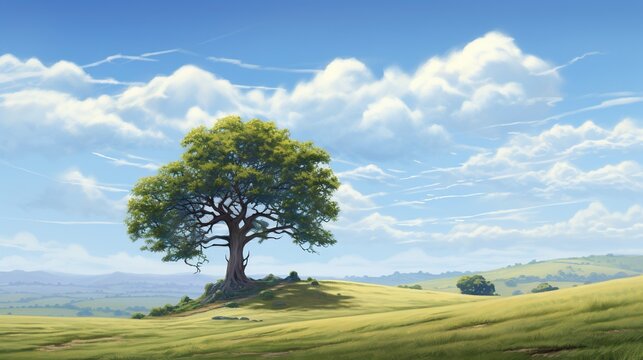  a painting of a tree on a hill with clouds in the background.  generative ai