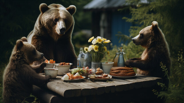 An outdoor illustration of three brown bears having a picnic and sitting at a picnic table in the woods. A father, mother, and baby bear.
