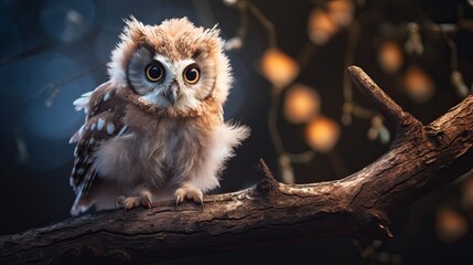 closeup view of cute and adorable fluffy baby owl perched on a branch in happy mood, lovely zoomed shot of animal.great horned owl in tree - obrazy, fototapety, plakaty