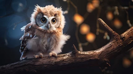 Fotobehang closeup view of cute and adorable fluffy baby owl perched on a branch in happy mood, lovely zoomed shot of animal.great horned owl in tree © sungat