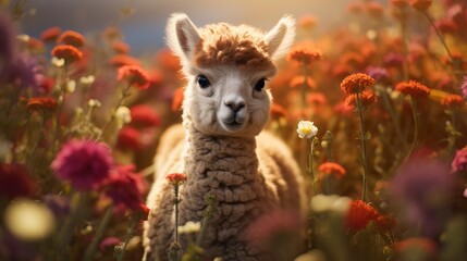 closeup view of cute and adorable fluffy baby alpaca nestled in the field in happy mood, lovely zoomed shot of animal. - obrazy, fototapety, plakaty