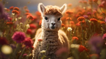 Tuinposter closeup view of cute and adorable fluffy baby alpaca nestled in the field in happy mood, lovely zoomed shot of animal. © sungat