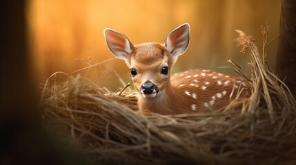 closeup view of cute and adorable newborn fawn nestled among tall grass in happy mood, lovely zoomed shot of animal.