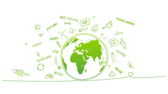 Banner design with doodle icons for World environment day, Sustainability development, Ecology friendly and Green Industries Business concept, Vector illustration