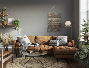 Dark scandinavian interior of the living room with gray walls, cozy furniture, leather sofa, armchair, hardwood flooring. Mockup concept, 3d rendering