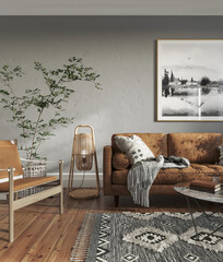 Dark scandinavian interior of the living room with gray walls, cozy furniture, leather sofa, armchair, hardwood flooring. Mockup concept, 3d rendering