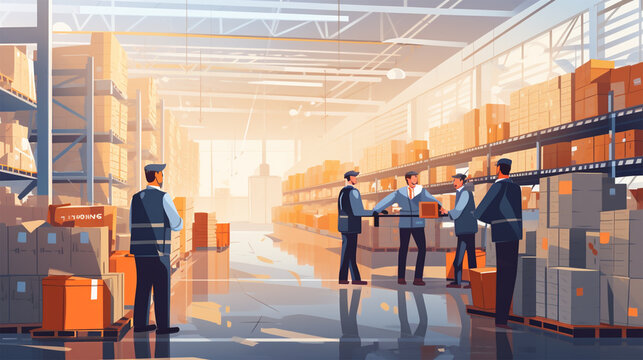 Professional men working together in a warehouse. Fulfilment, logistics, transportation background AI Generative